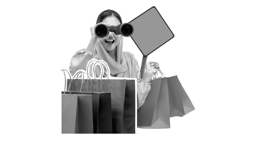 Alışveriş poşetleriyle poz veren ve sosyal medya ikonları ile çevrili kadın figürü; e-ticaret pazarlamasını temsil eden görsel.