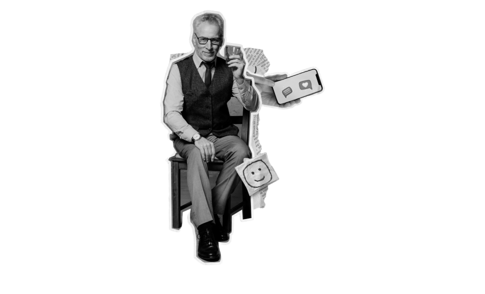 Alışveriş poşeti ve para sembolleriyle oturan adam; e-ticaret, satış ve müşteri yönetimini temsil eden görsel.