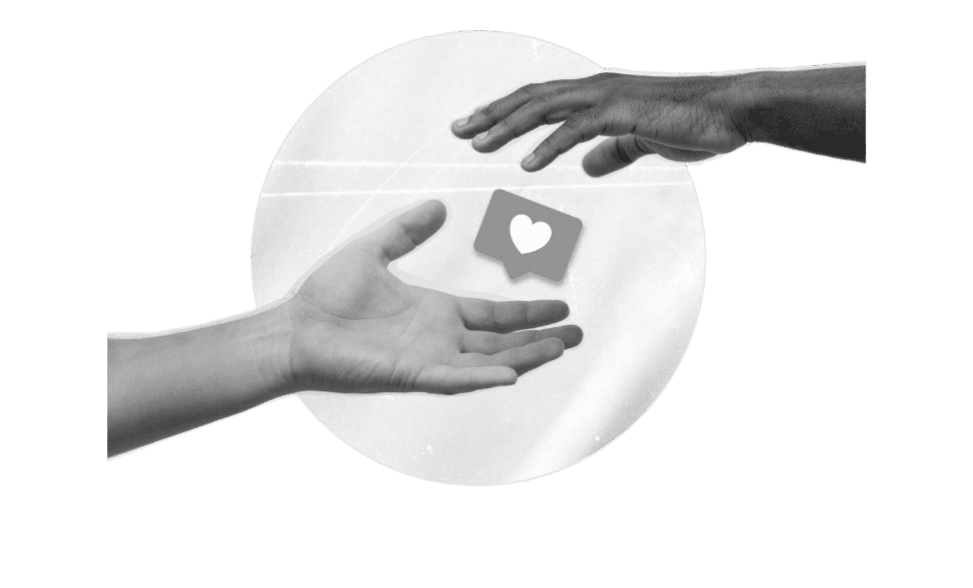 Bir elin beğeni simgesi uzattığı, sosyal medya etkileşimini simgeleyen minimal siyah-beyaz görsel.